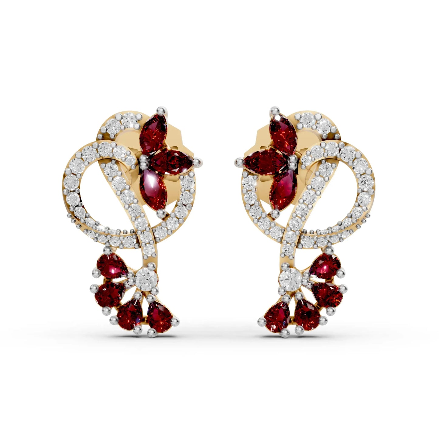 Ruby Floral Loop Earrings with Diamond Accents Yellow Gold