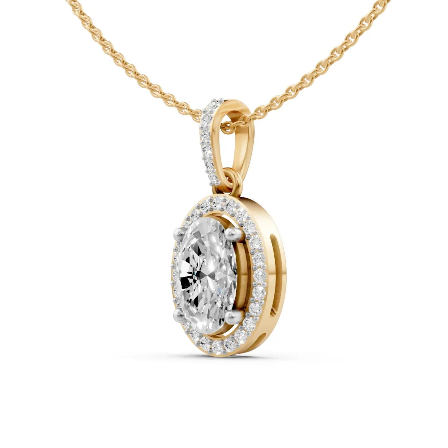 Classic Oval Cut Diamond Pendant with Halo Setting Yellow Gold