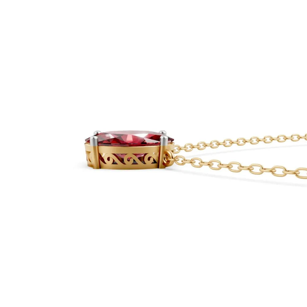 Oval-Cut Red Color Stone Solitaire Necklace Yellow Gold