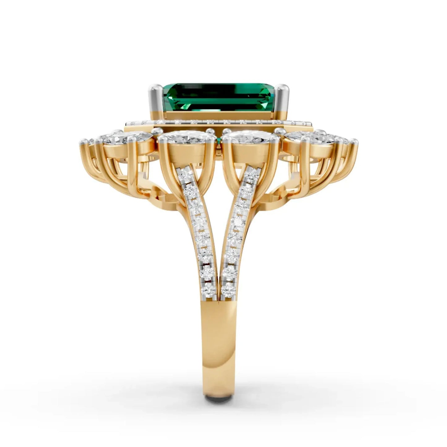 Emerald-Cut Center Diamond Ring with Halo Yellow Gold