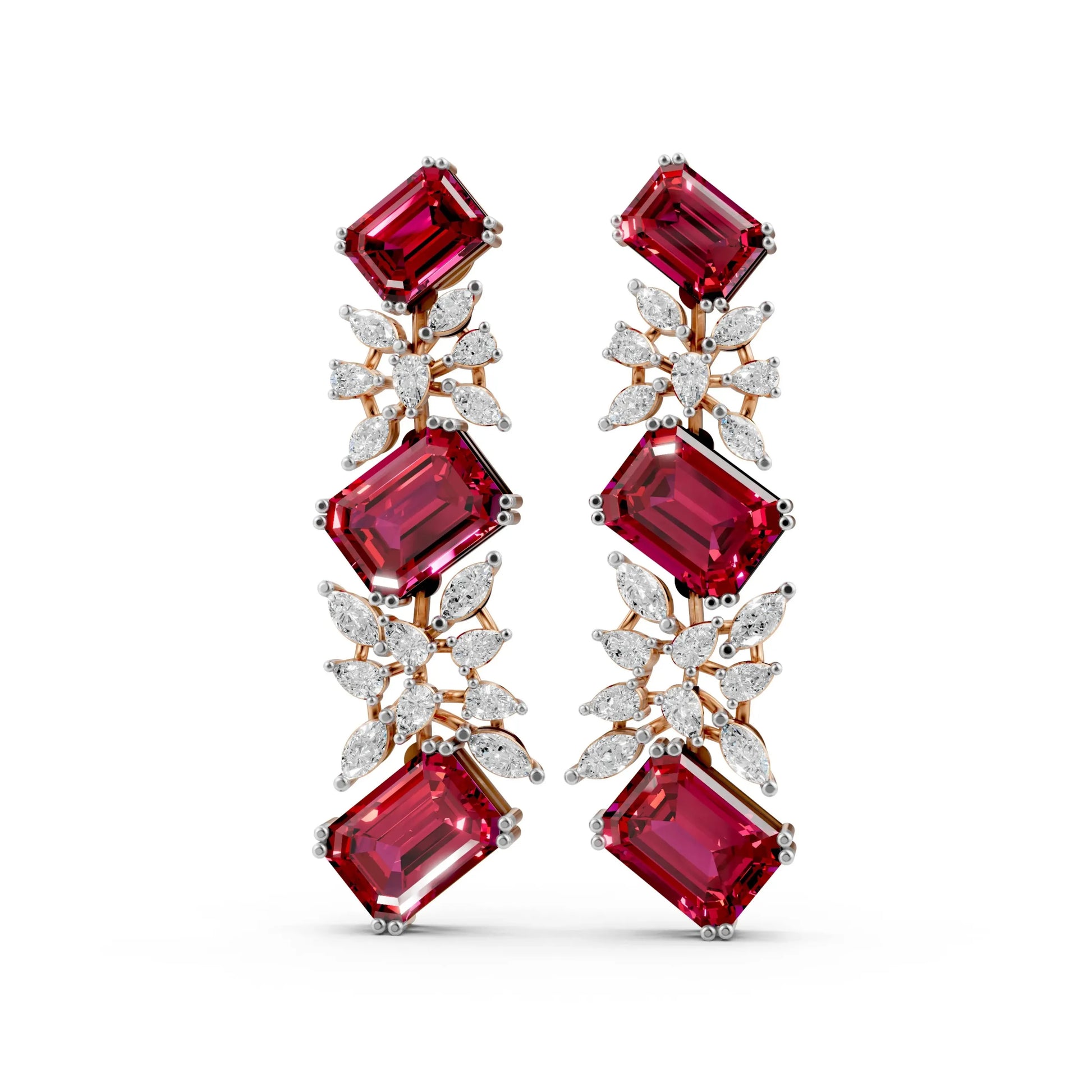 Emerald-Cut Ruby and Diamond Cascade Earrings Rose Gold