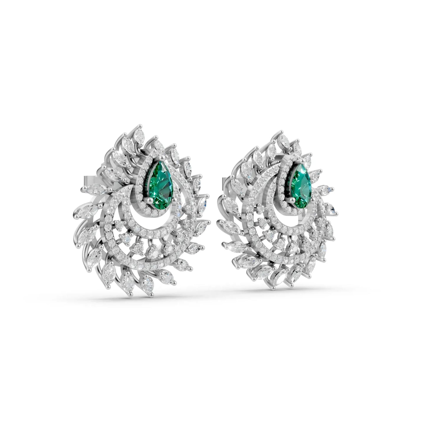Pear Emerald Earrings with Marquise and Round Diamonds White Gold