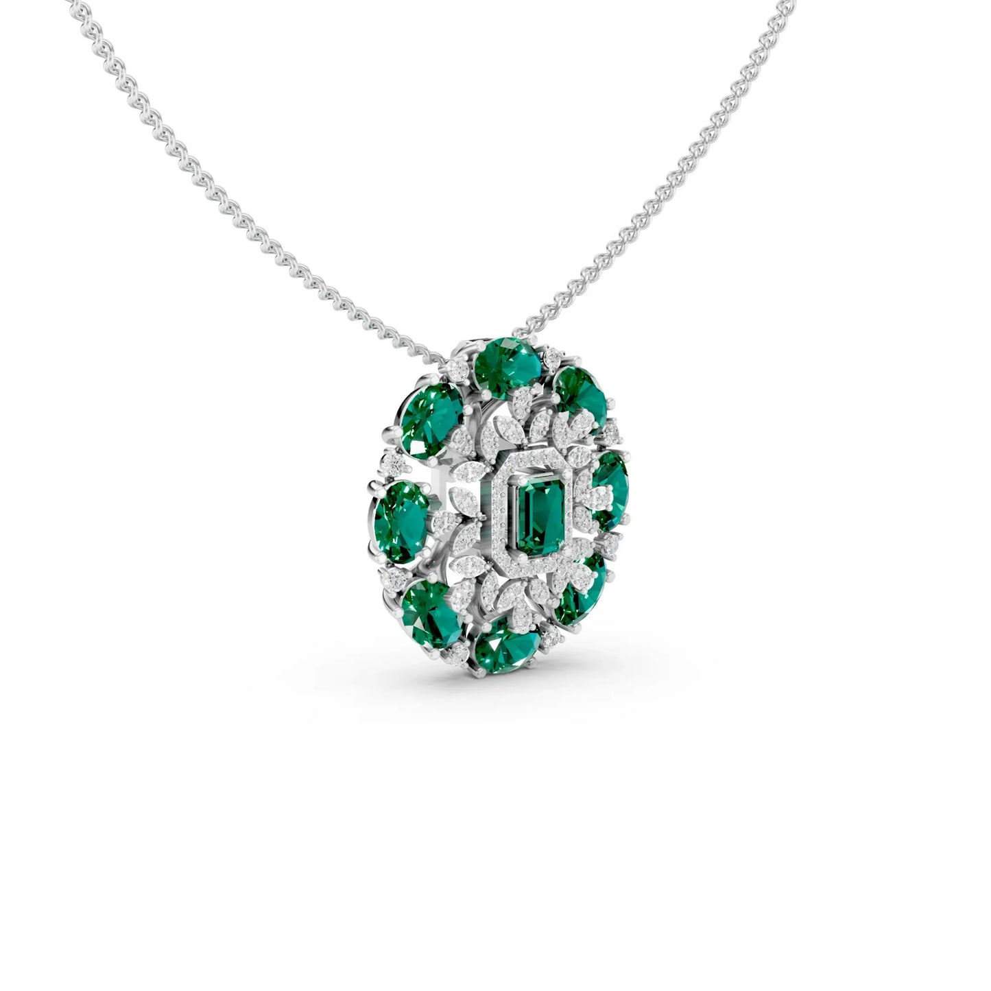 Emerald Floral Cocktail Pendant White Gold