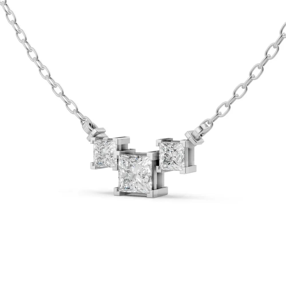 Princess-Cut Three Stone Lab Diamond Necklace White Gold 