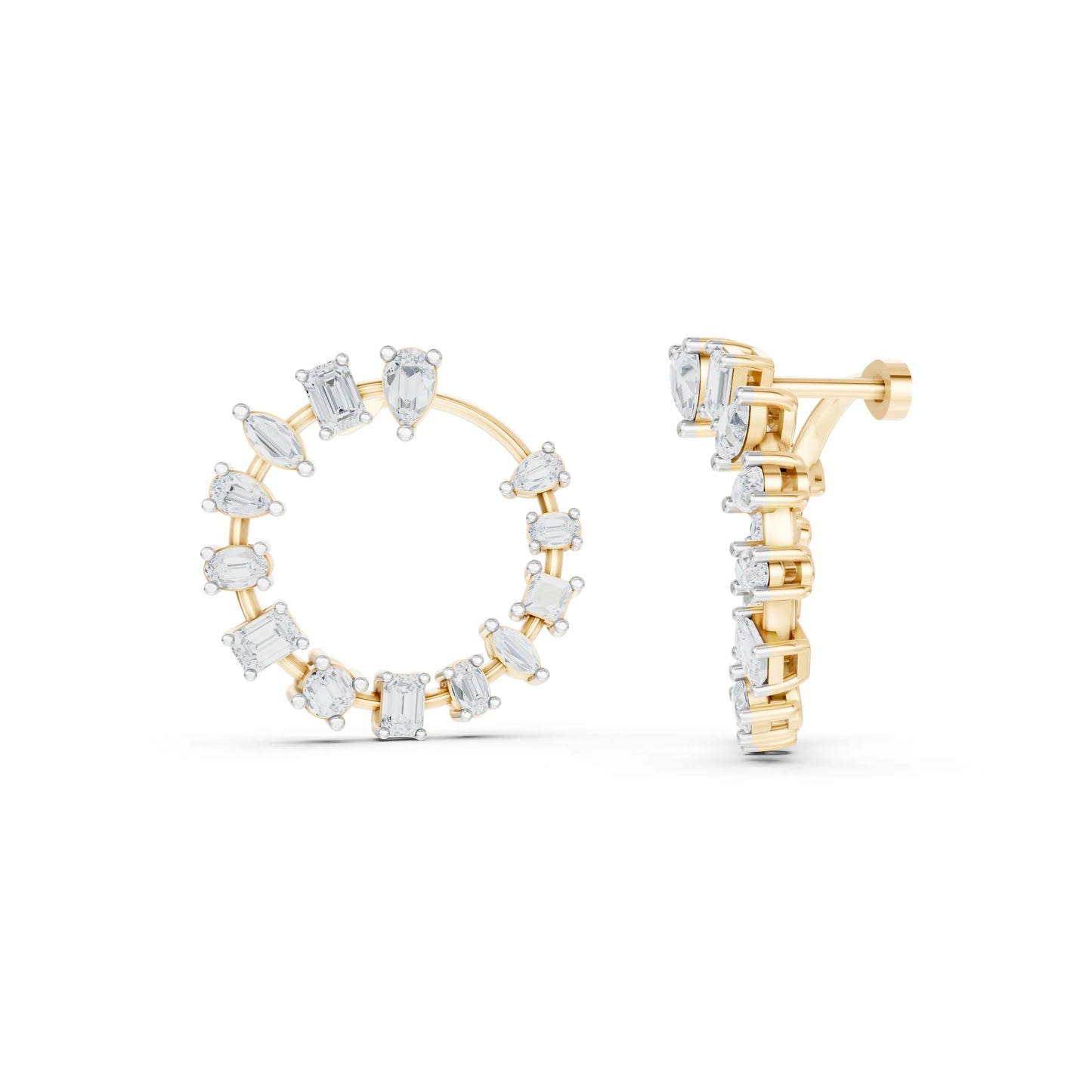 Multi-Cut Diamond Hoop Earrings Yellow Gold 