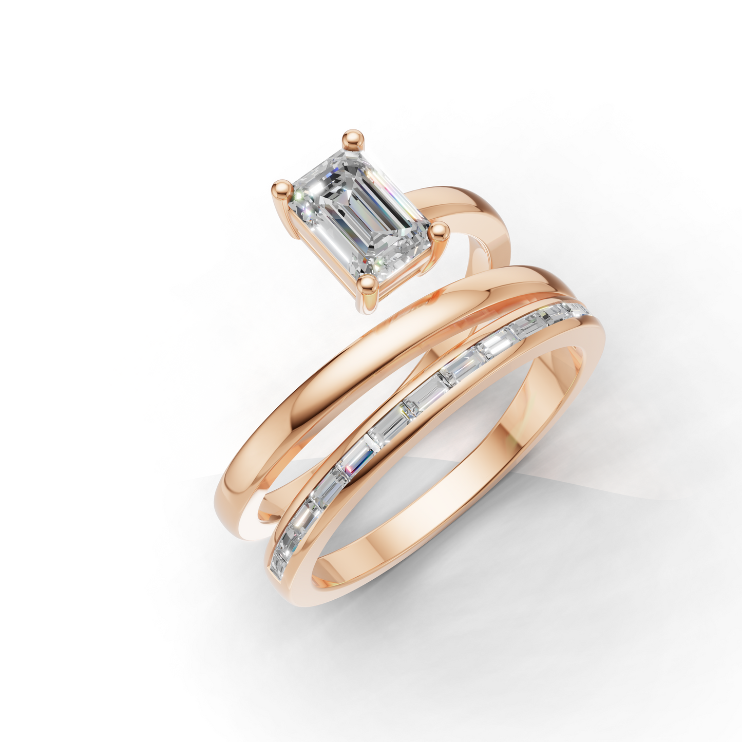 Emerald Cut Diamond Double Band Engagement Ring